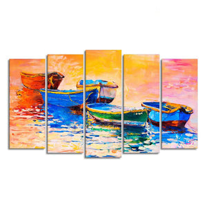 Boats and Sunset Canvas Wall Painting Five Pieces Set of Five