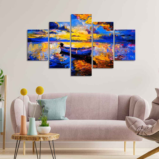 Boat at Colorful Sunset Canvas Wall Painting Five Pieces