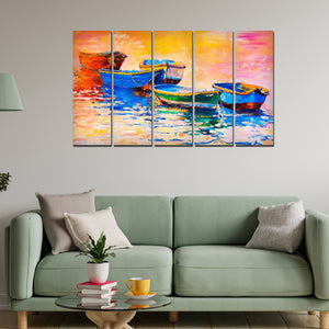 Boats and Sunset Canvas Wall Painting 5 Pieces