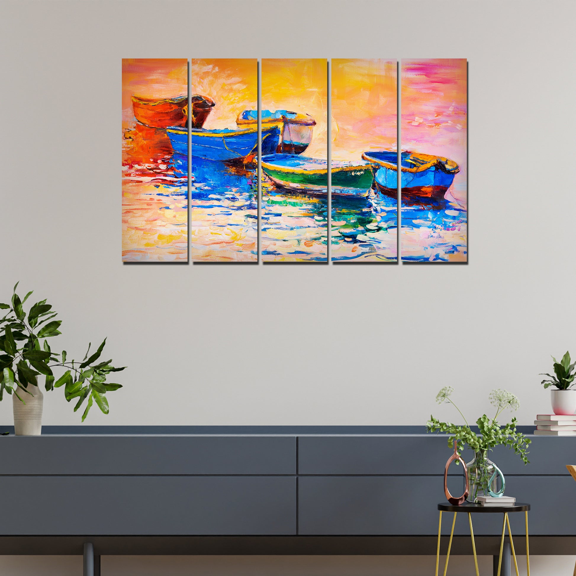 Boats and Sunset Canvas Wall Painting 5 Pieces