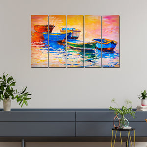 Boats and Sunset Canvas Wall Painting 5 Pieces