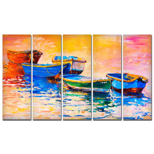 Boats and Sunset Canvas Wall Painting 5 Pieces