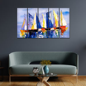 Boats in Ocean Canvas Wall Painting 5 Pieces