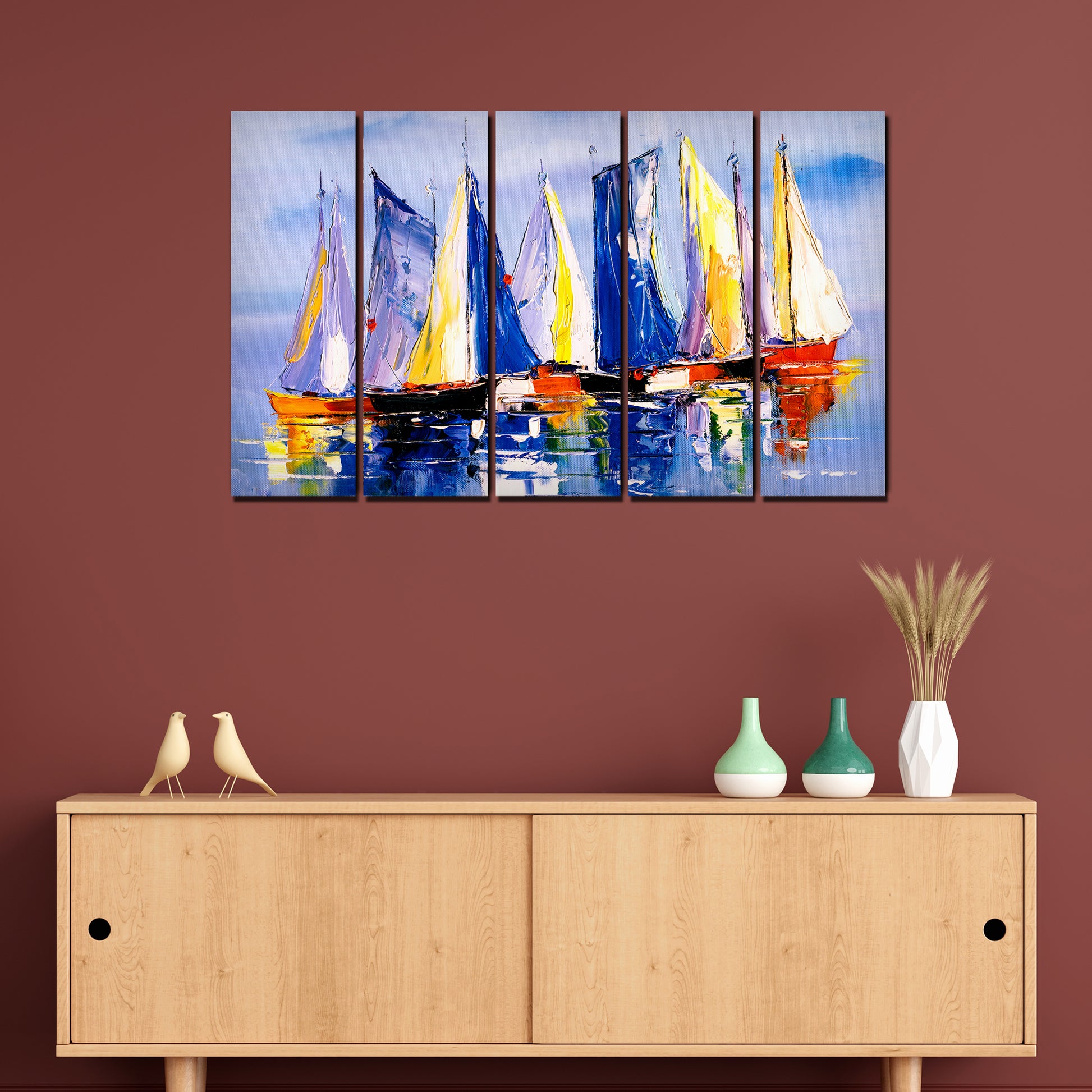 Boats in Ocean Canvas Wall Painting 5 Pieces