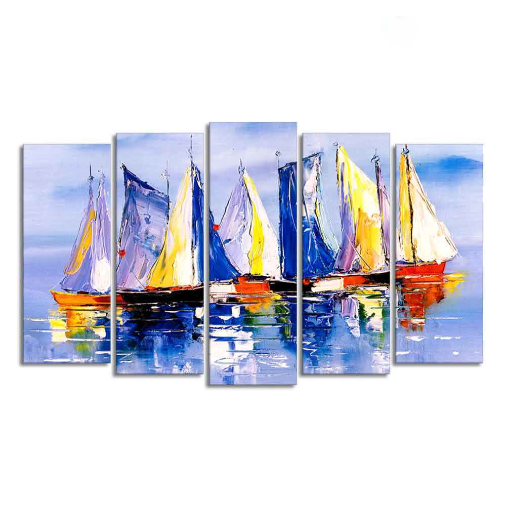 Boats in Ocean Canvas Wall Painting of Five Pieces