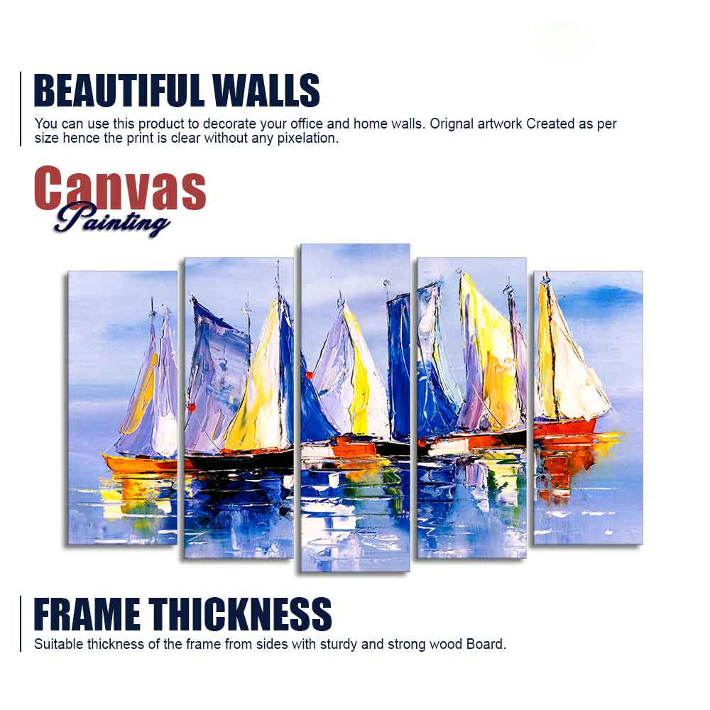 Boats in Ocean Canvas Wall Painting of Five Pieces