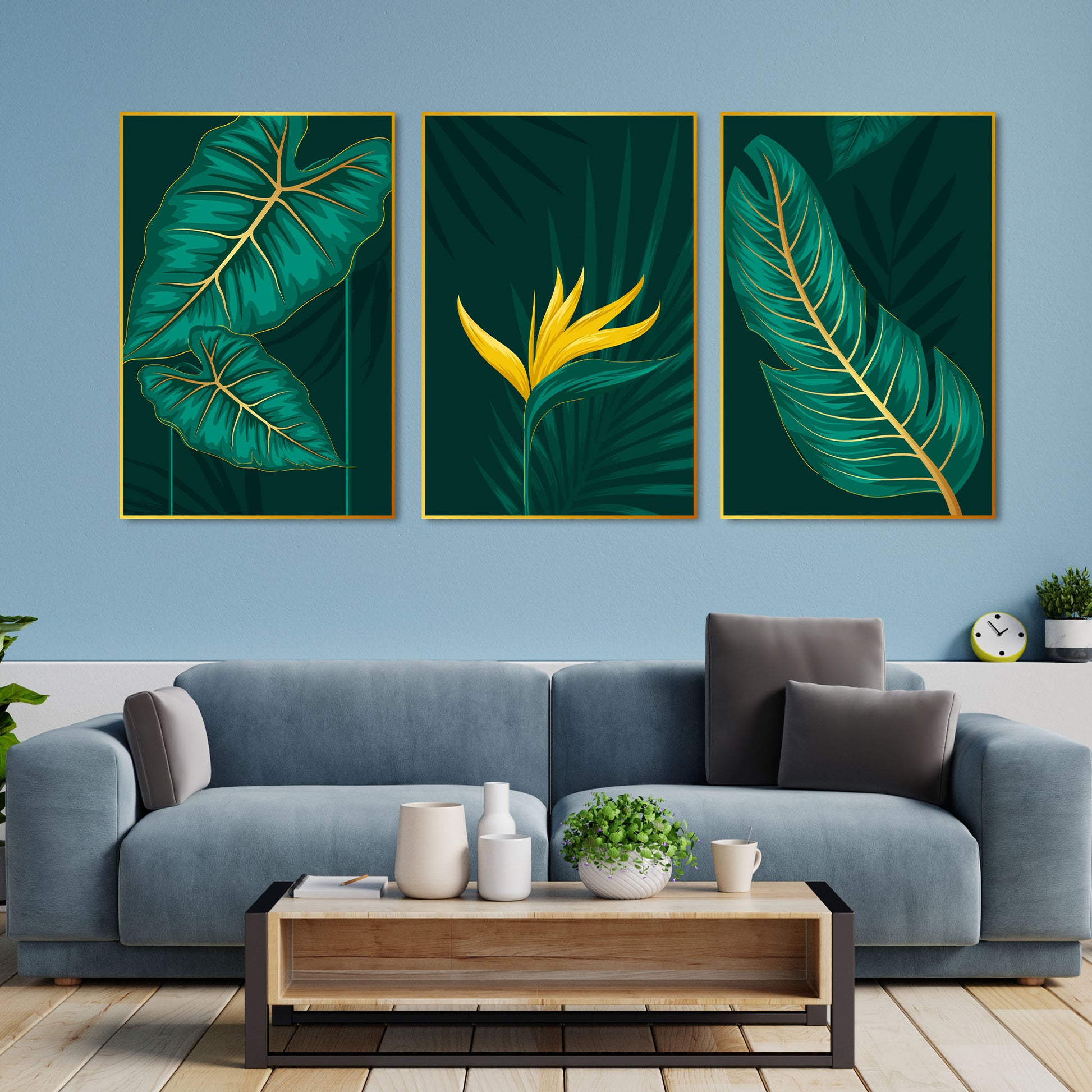 Botanical Leaf Floating Canvas Wall Painting Set of Three