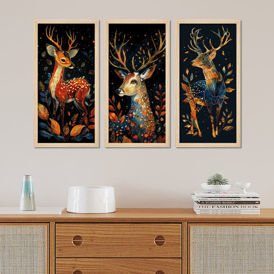 Brightly Colored Deer with Floral Pattern Wooden Wall Frame Set of Three