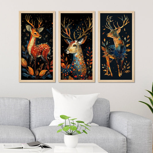 Brightly Colored Deer with Floral Pattern Wooden Wall Frame Set of Three