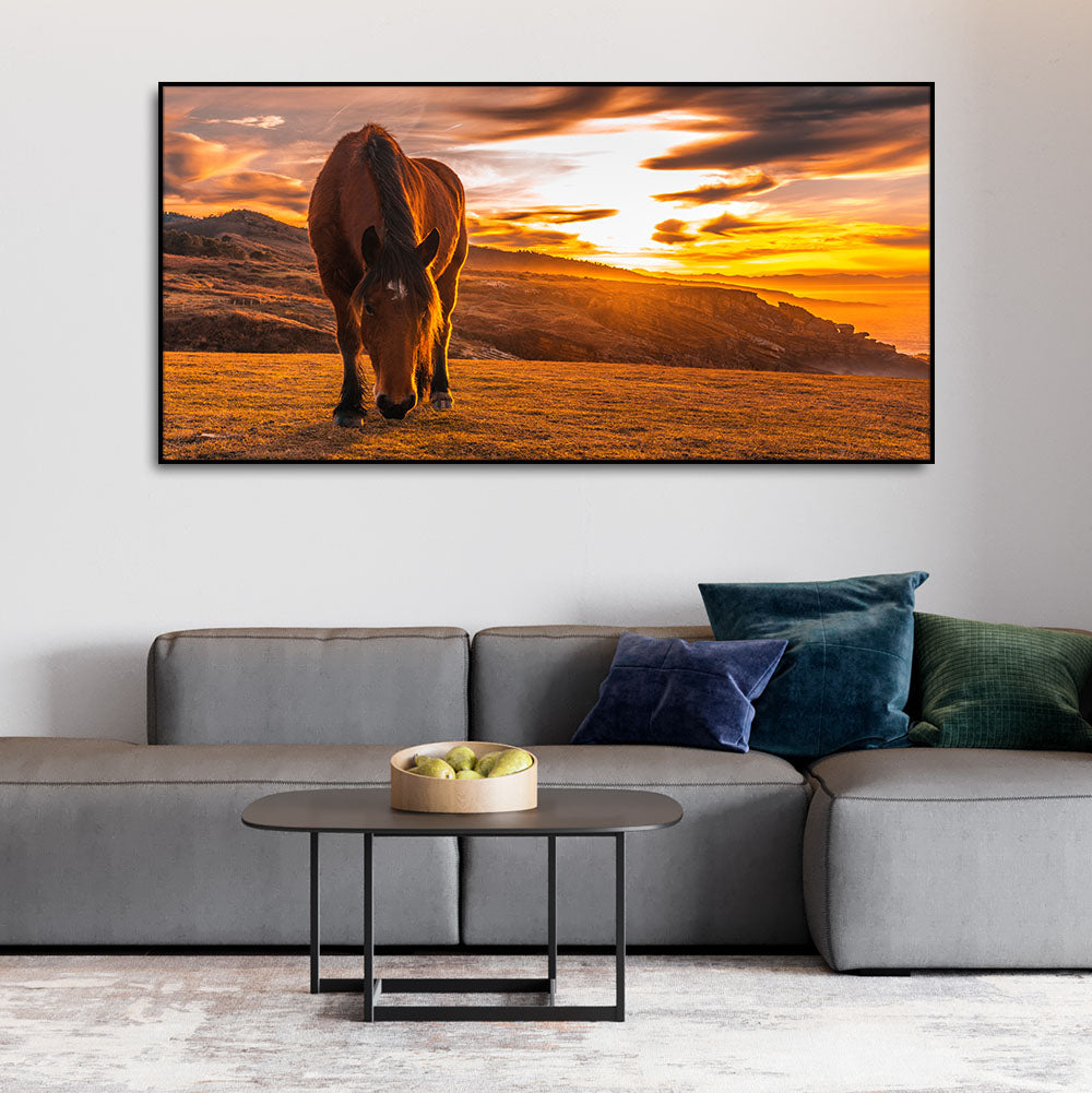 Brown Horse Eating At Sunset Premium Wall Painting