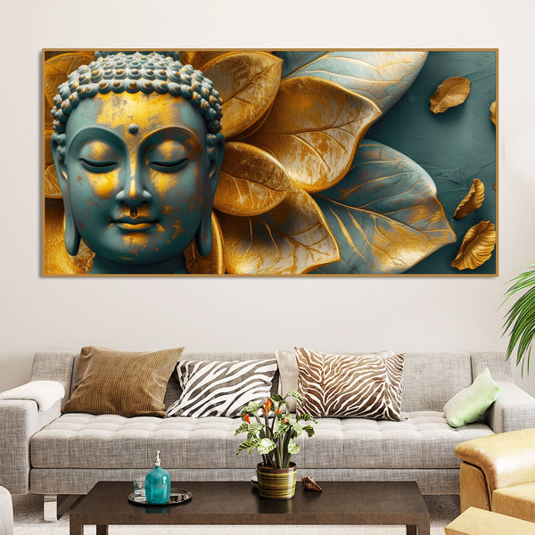 Buddha Statue with Golden Flower Leaf Art Canvas Wall Painting