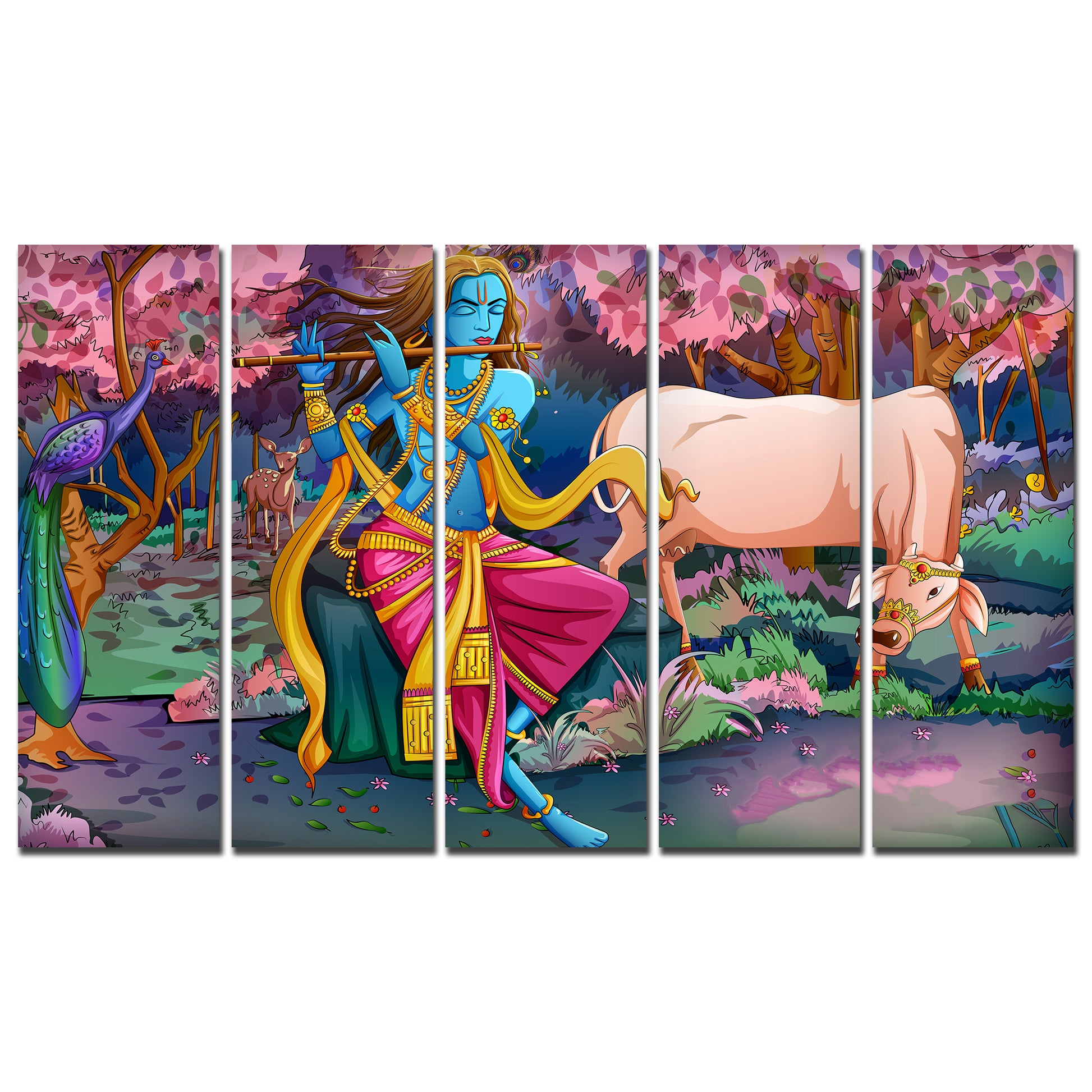 Canvas Wall Painting of Krishna Playing Flute Set of 5 Pieces