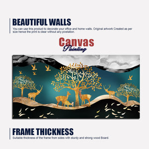 Canvas Wall Painting of Golden Trees With Birds And Deer