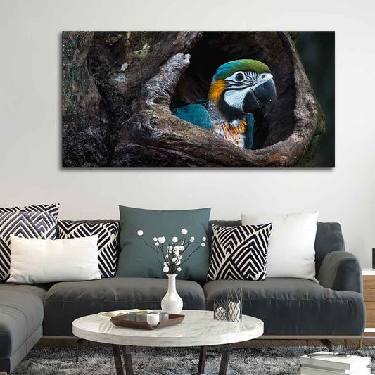 Canvas Wall Painting of Mascaw Parrot in Tree Hole
