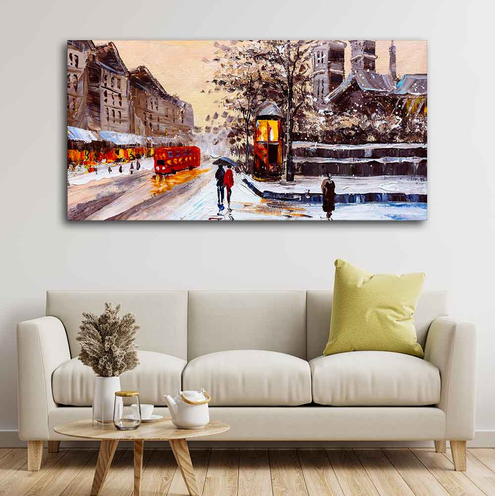 Canvas Wall Painting of Street view of London with Snowfall Background