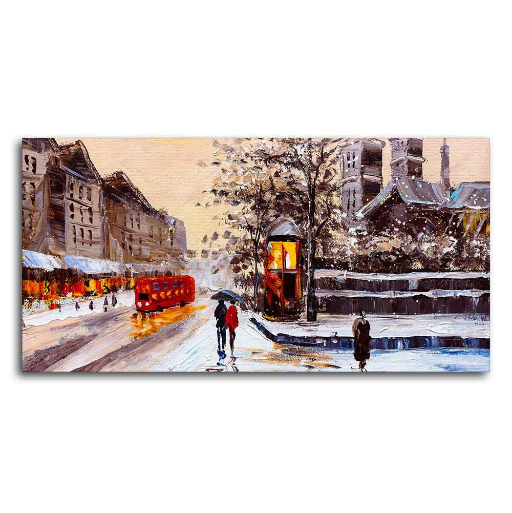 Canvas Wall Painting of Street view of London with Snowfall Background