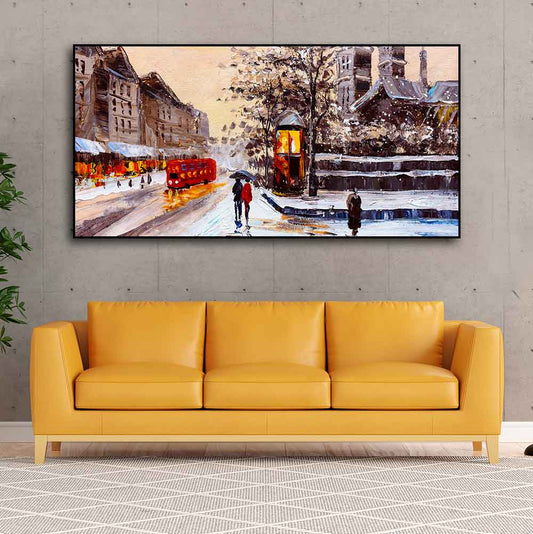 Canvas Wall Painting of Street view of London with Snowfall Background