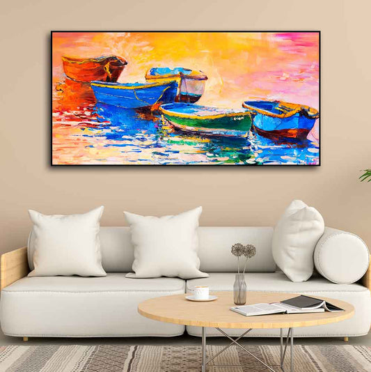 Canvas Wall Painting of The Colorful Boats in Shades of Sunset