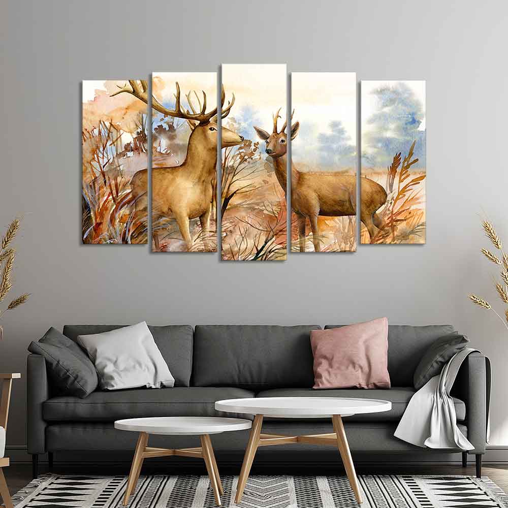 Canvas Wall Painting Pair of Deer in the Forest Set of Five Pieces