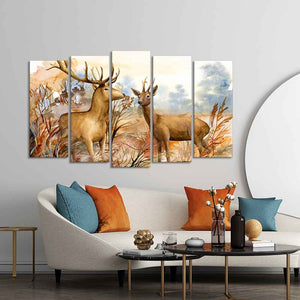 Canvas Wall Painting Pair of Deer in the Forest Set of Five Pieces