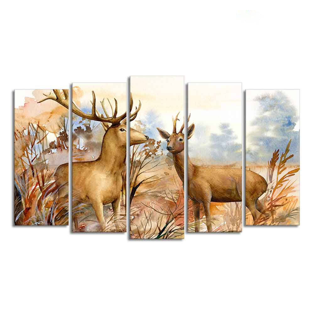 Canvas Wall Painting Pair of Deer in the Forest Set of Five Pieces