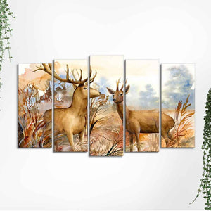 Canvas Wall Painting Pair of Deer in the Forest Set of Five Pieces