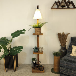 Castle 3 Tier Floor Lamp with Brown Base and Jute Fabric Lampshade