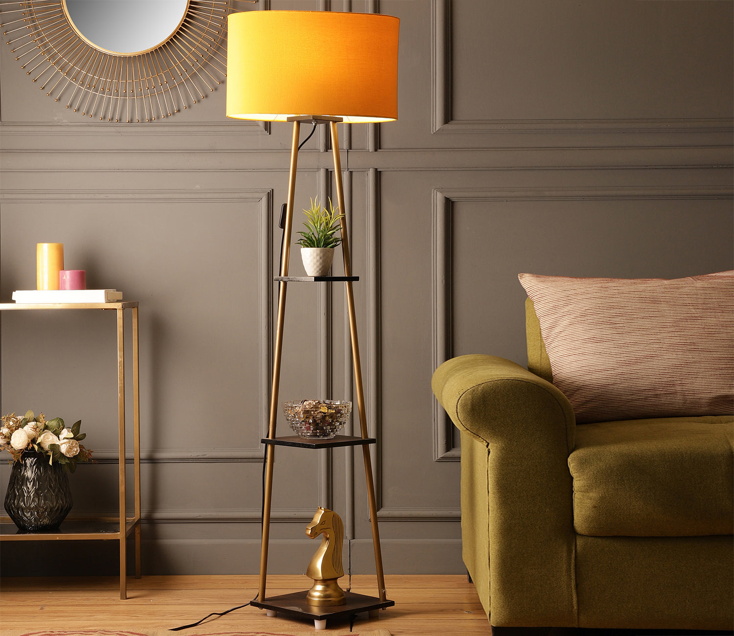 Castle 3 Tier Yellow Color Shelf Storage Floor Lamp with Golden Metal Legs