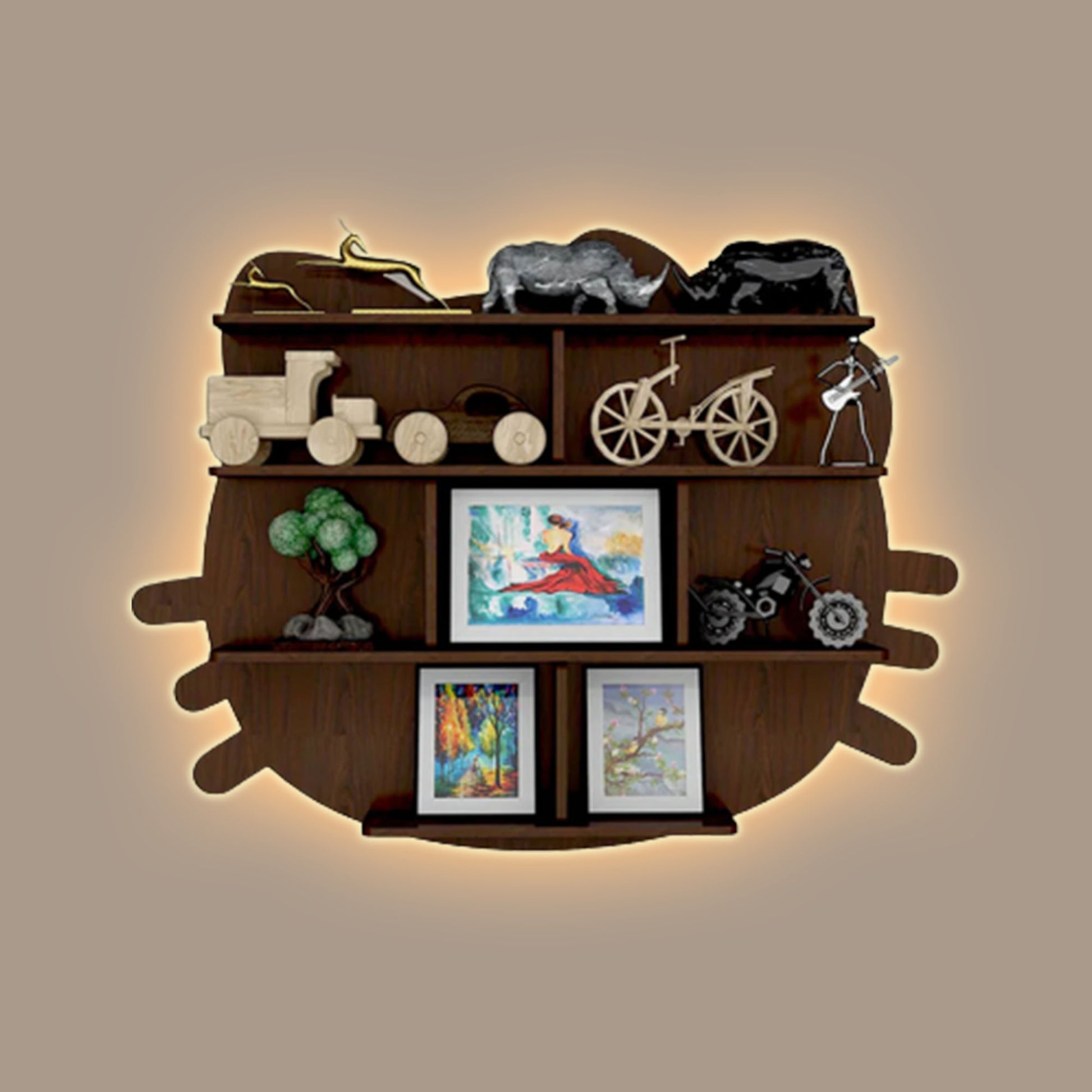 Cat Shape Backlit Designer Wooden Wall Shelf / Book Shelf / Night Light, Walnut Finish