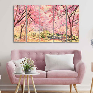 Cherry Blossom Tree Premium Wall Painting Set of Five Pieces