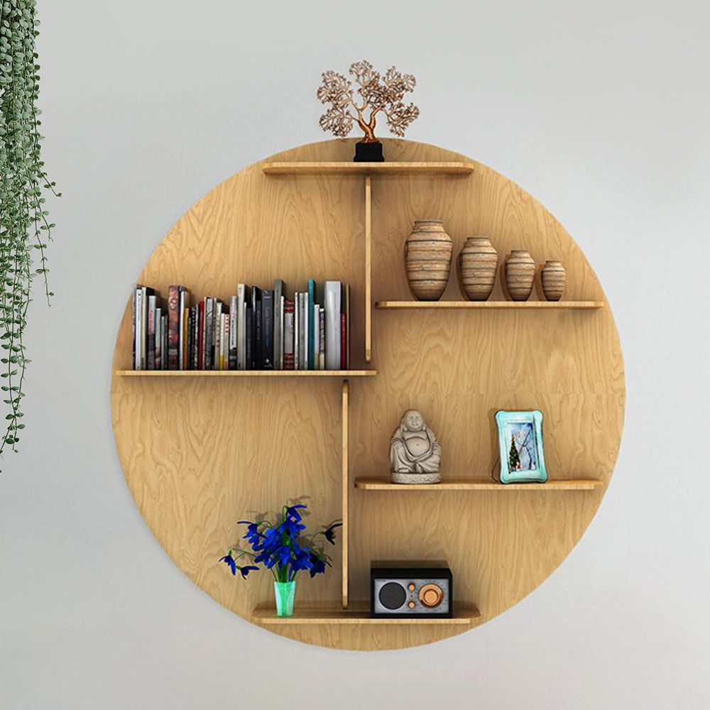 Circle Shape Backlit Designer Wooden Wall Shelf / Book Shelf / Night Light, Oak Finish