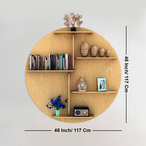 Circle Shape Backlit Designer Wooden Wall Shelf / Book Shelf / Night Light, Oak Finish