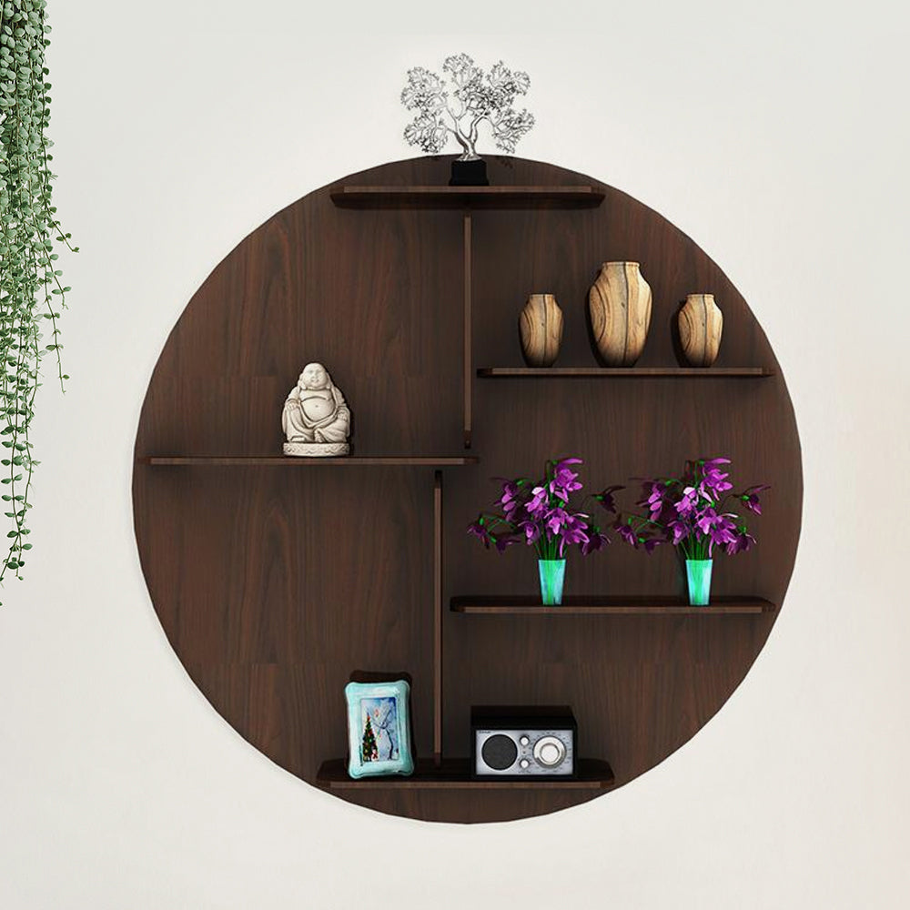 Circle Shape Dark Backlit Designer Wooden Wall Shelf / Book Shelf / Night Light, Walnut Finish