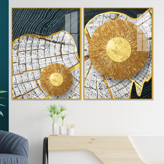 Circular Golden Pattern Acrylic Floating Wall Painting Set of 2