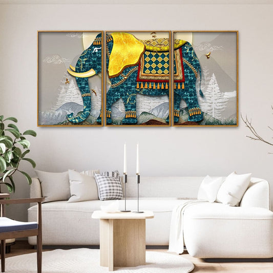 Classic and Royal Elephant with Golden Tusks Floating Canvas Wall Painting Set of Three