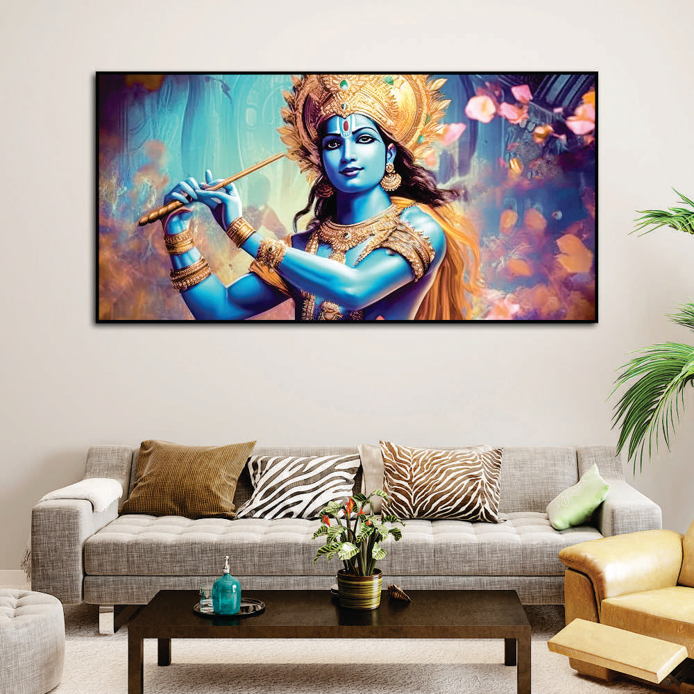 Classic Canvas Wall Panting of Lord Krishna Playing with Flute