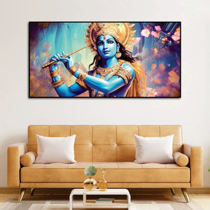 Classic Canvas Wall Panting of Lord Krishna Playing with Flute