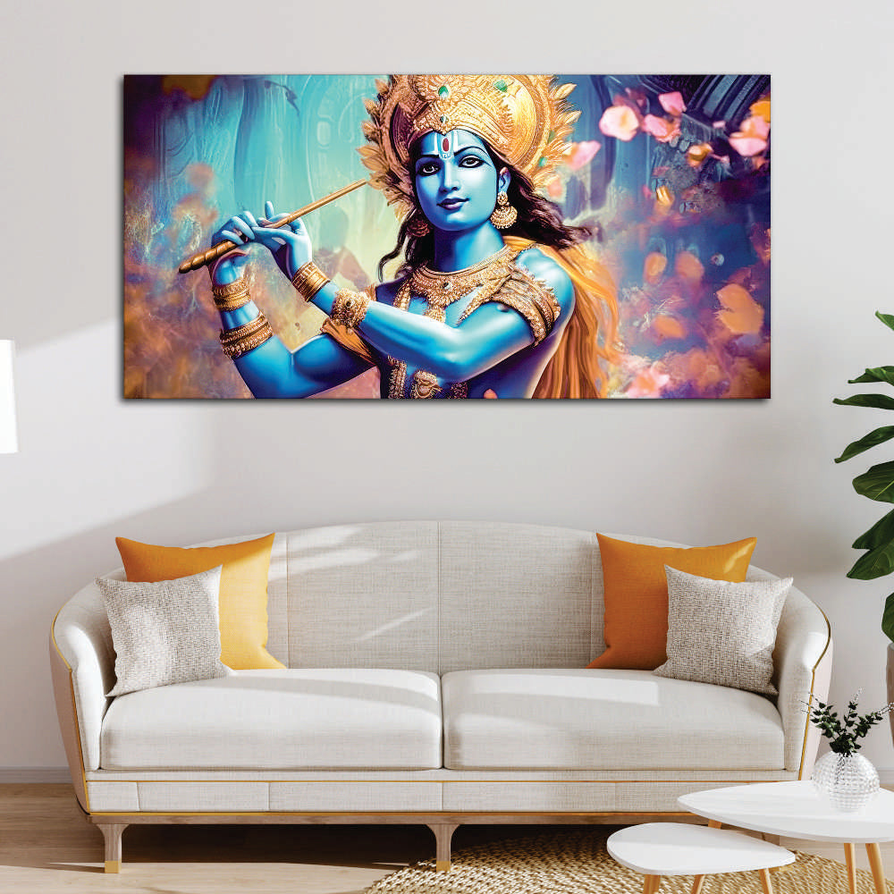 Classic Canvas Wall Panting of Lord Krishna Playing with Flute