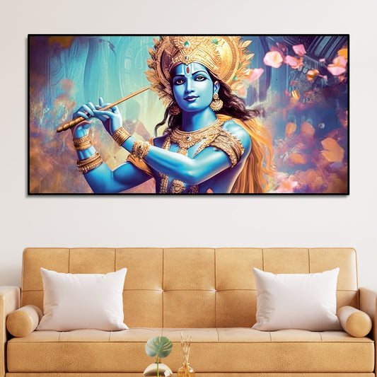 Classic Canvas Wall Panting of Lord Krishna Playing with Flute