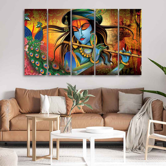 Classic Lord Krishna Premium Wall Painting of Five Pieces