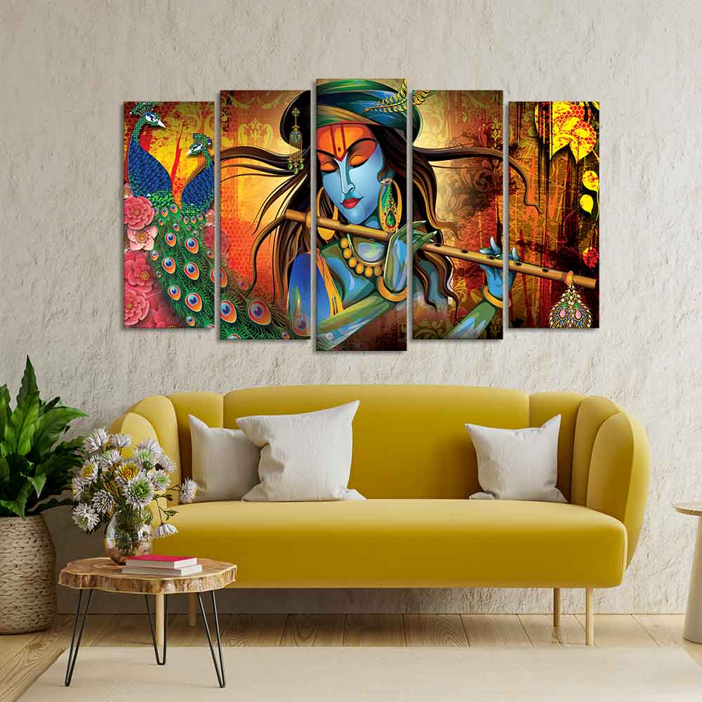 Classic Lord Krishna Premium Wall Painting Set of Five Pieces