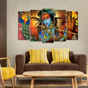 Classic Lord Krishna Premium Wall Painting Set of Five Pieces