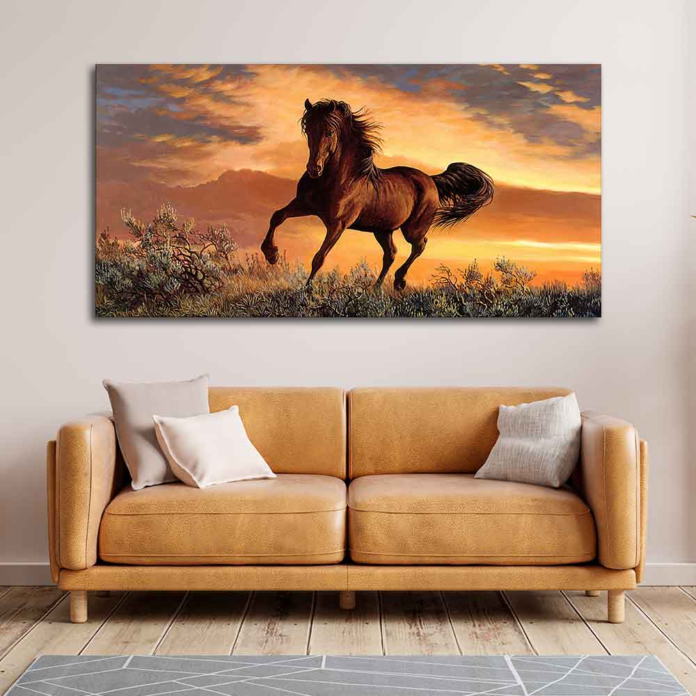 Classic Premium Quality Wall Painting of Brown Horse in Sunset