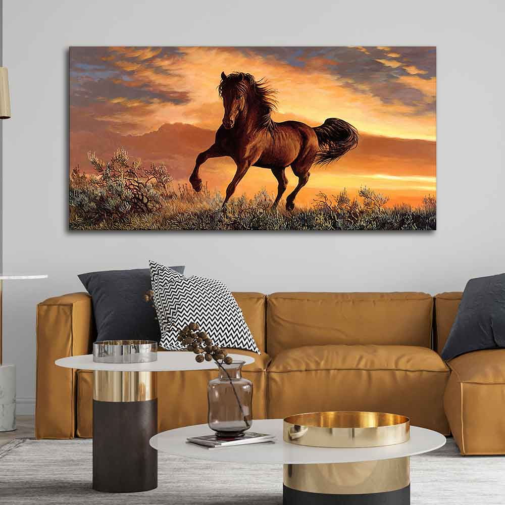 Classic Premium Quality Wall Painting of Brown Horse in Sunset