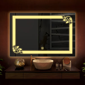 Classic Rectangular Shaped Floral Patten LED Bathroom Wall Mirror