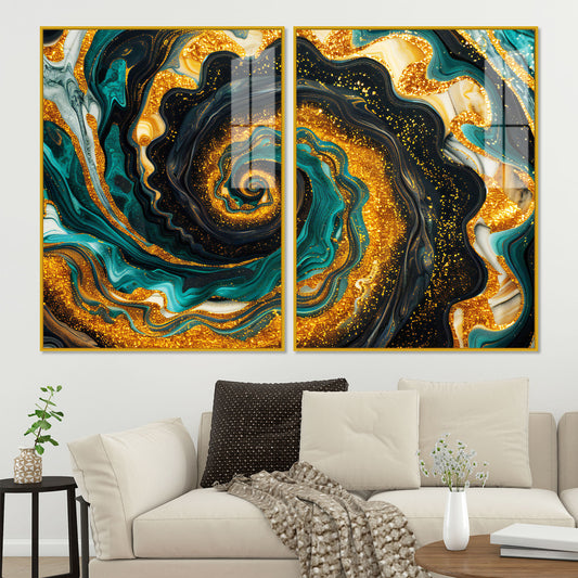 Closeup of an Abstract Swirling Patterns Acrylic Art Floating Wall Painting Set of 2