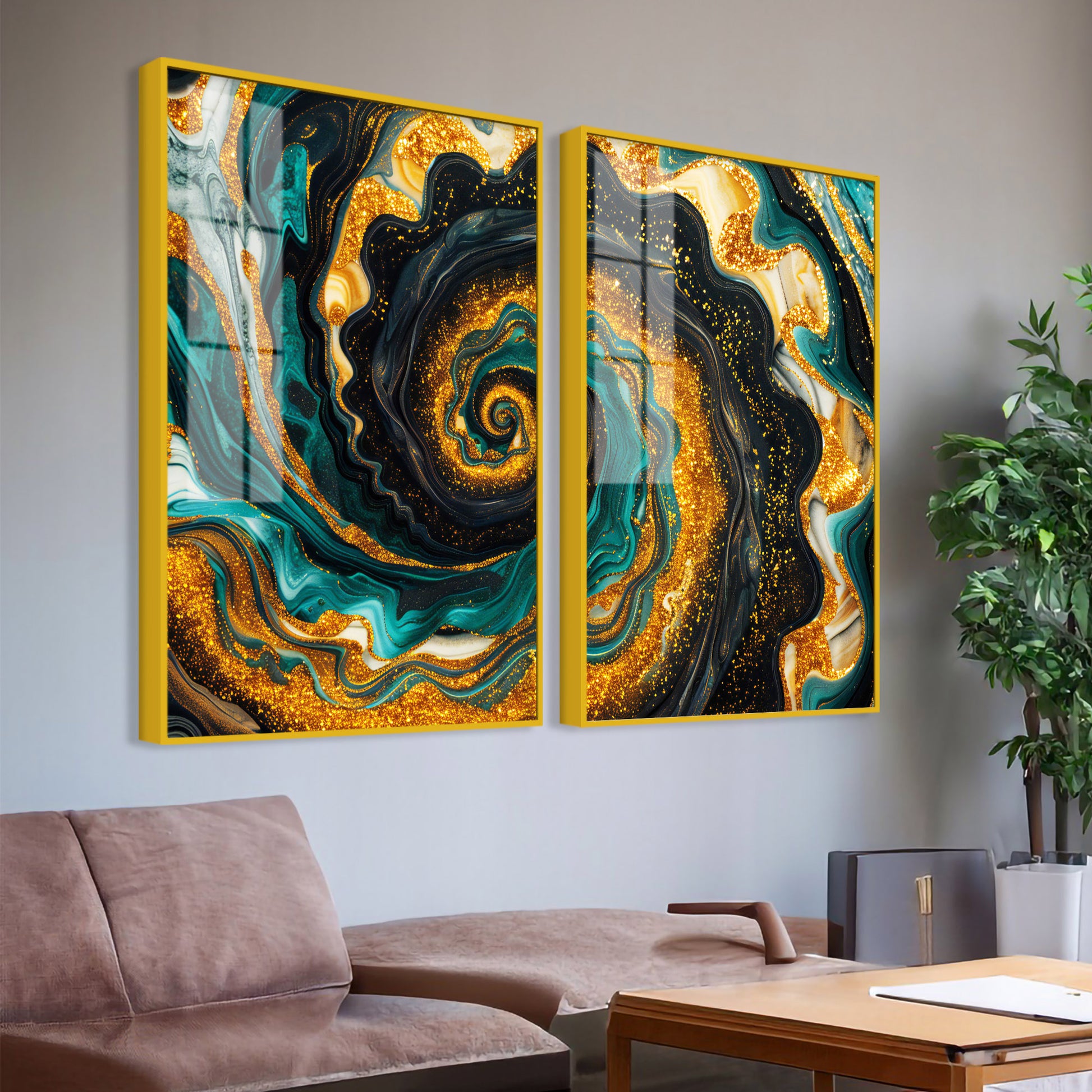 Closeup of an Abstract Swirling Patterns Acrylic Art Floating Wall Painting Set of 2