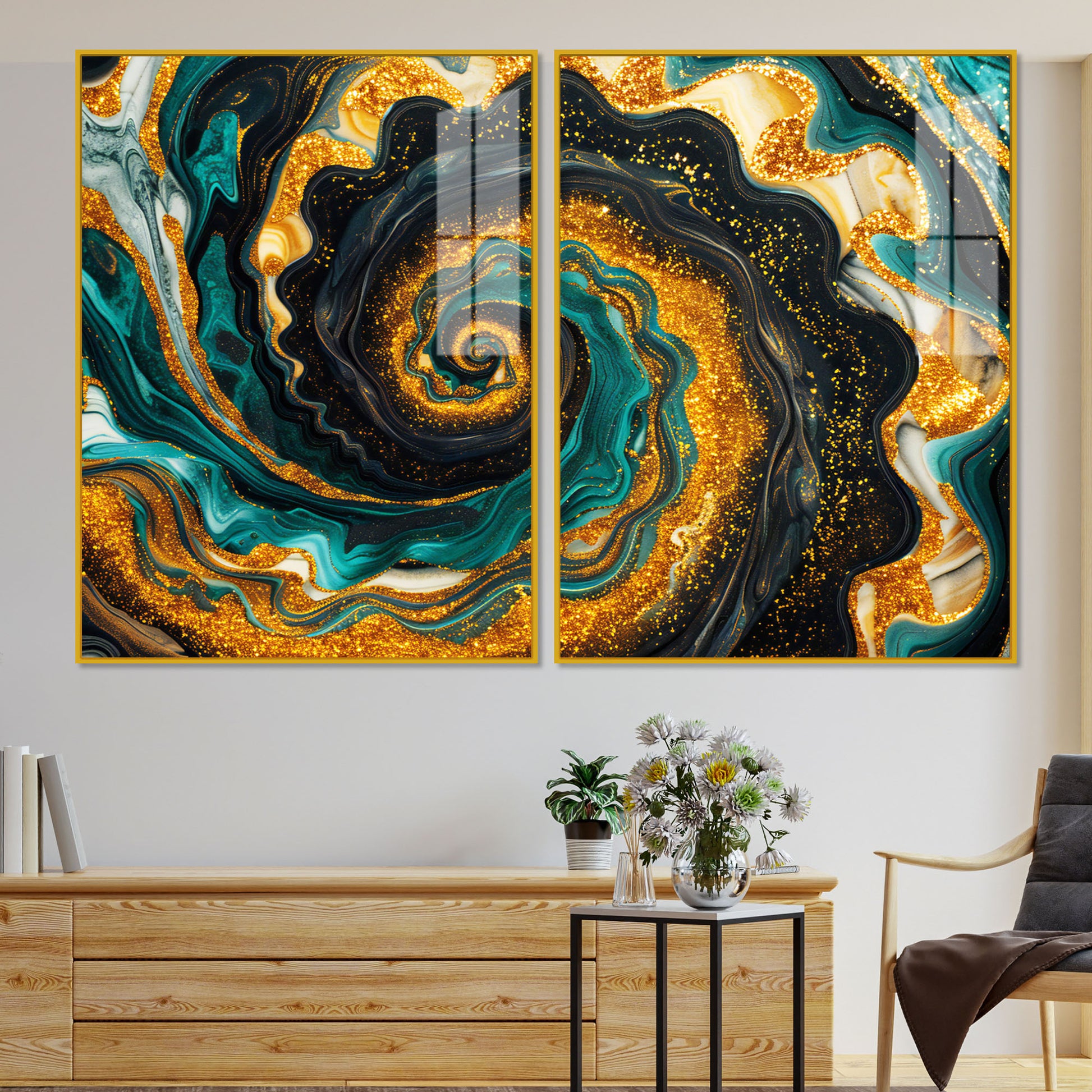 Closeup of an Abstract Swirling Patterns Acrylic Art Floating Wall Painting Set of 2