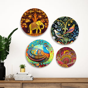 Colorful Art Birds and Elephant Wall Plates Painting Set of Four