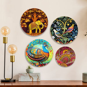 Colorful Art Birds and Elephant Wall Plates Painting Set of Four